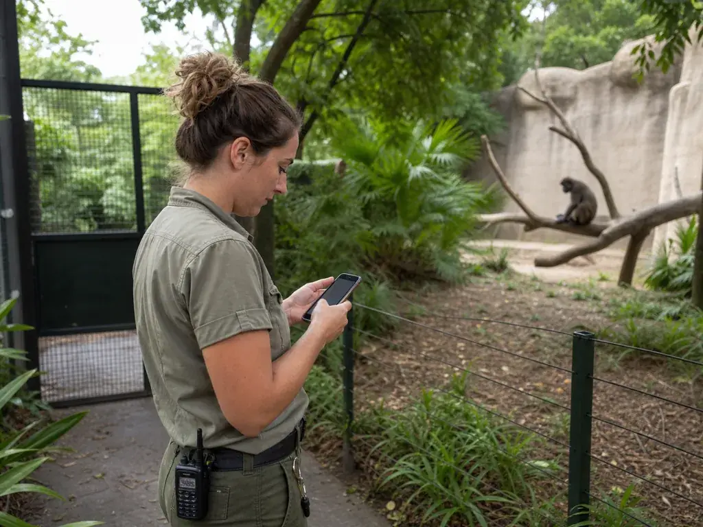Zoo keeper logging an animal care observation from a phone at an enclosure.