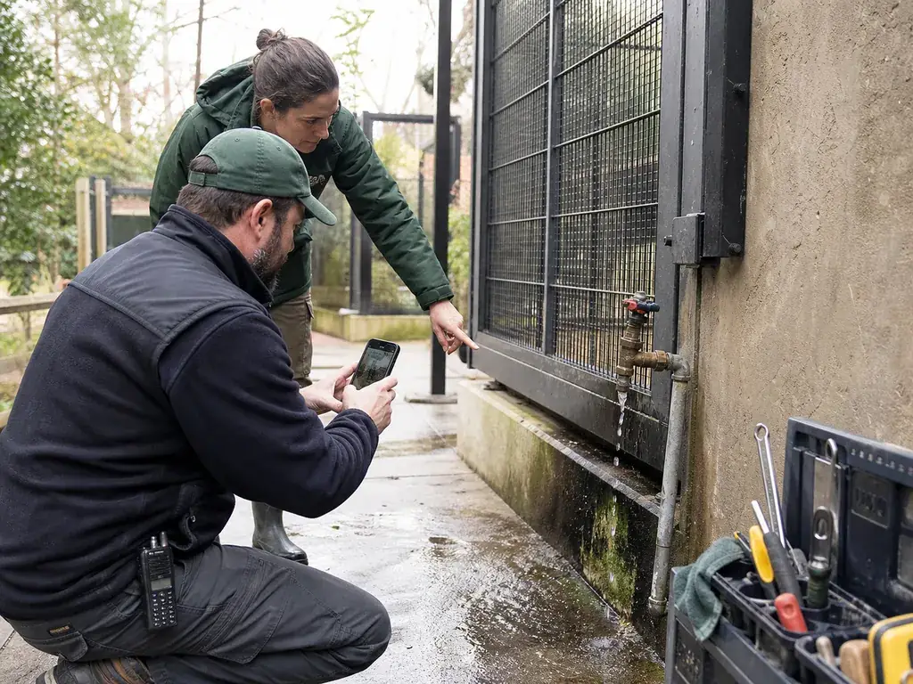 Zoo maintenance staff documenting a leaking enclosure valve.