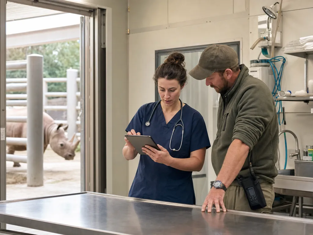 Zoo veterinarian and keeper reviewing an animal record during rounds.