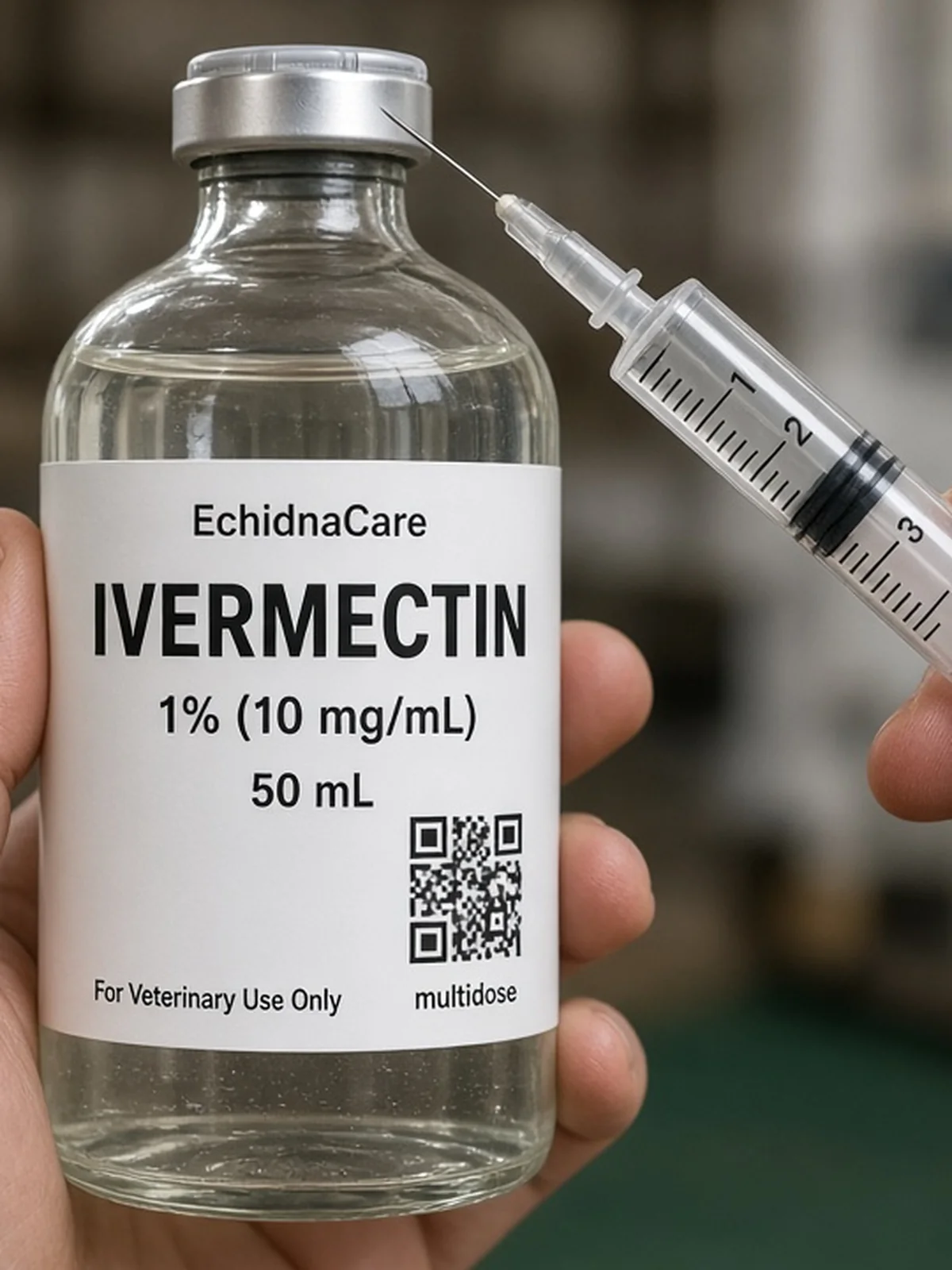 A hand holding a 50 mL bottle labelled EchidnaCare Ivermectin while a syringe is brought to the stopper